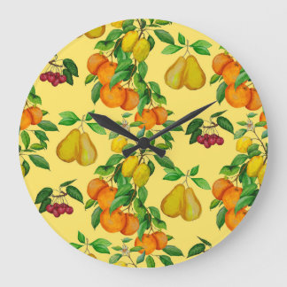 Zitrus, Birne, Kirsche: Aquarelldruck. Große Wanduhr