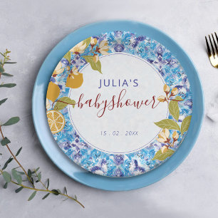 Zitrus Blau Gelbe Zitrone Amalfi-Küste Baby Shower Pappteller