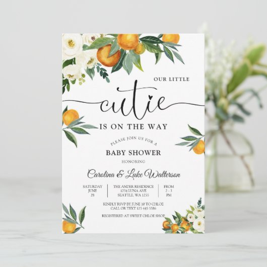 Zitrus-Blumen-Baby-Shower-Einladung Einladung (Stehend Vorderseite)