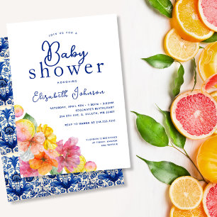 Zitrus-Blumen-Limonen-Blau-Fliesen-Baby-Party Einladung