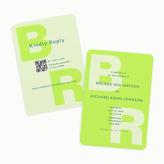 Zitrus Grün Bold Initial QR Hochzeit Einladung