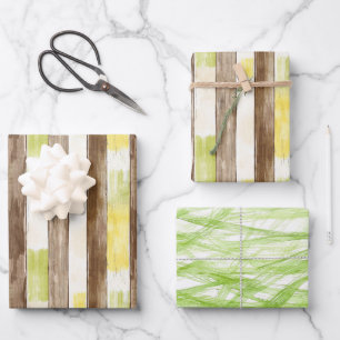 Zitrus-Limonen-Gelb-Lime-Unechtes-Holz-Streifen-Ge Geschenkpapier Set