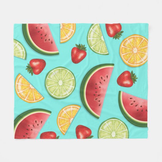 Zitrus Melon Erdbeeren Früchte auf hellblauen Fleecedecke (Vorderseite (Horizontal))
