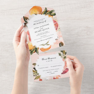 Zitrus Orange Aquarell Grünzeug Hochzeit All In One Einladung