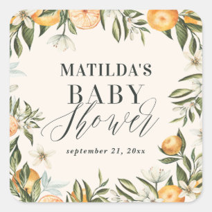 Zitrus, Orange + Blüten-Baby-Partygeschenk Quadratischer Aufkleber