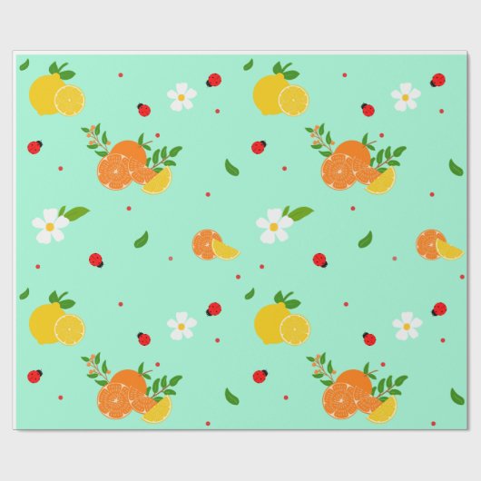 Zitrus- und Marienkäfer-Botanikmuster mit Blumen Geschenkpapier (Flach)