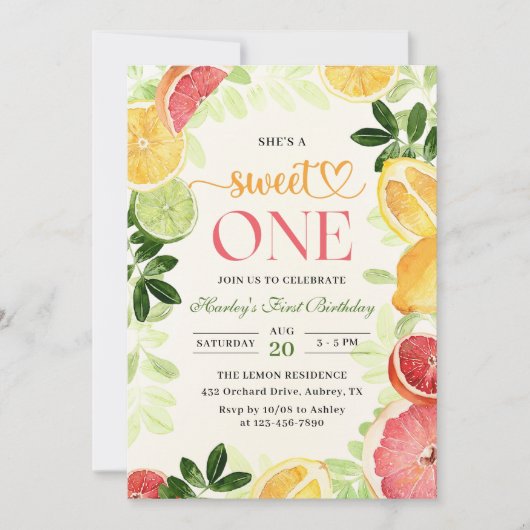 Zitrusfrüchte 1. Geburtstag Einladung (Vorderseite)