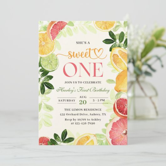 Zitrusfrüchte 1. Geburtstag Einladung (Stehend Vorderseite)