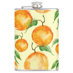 Zitrusfrüchte in Aquarellfarbe, tropisches Muster. Flachmann