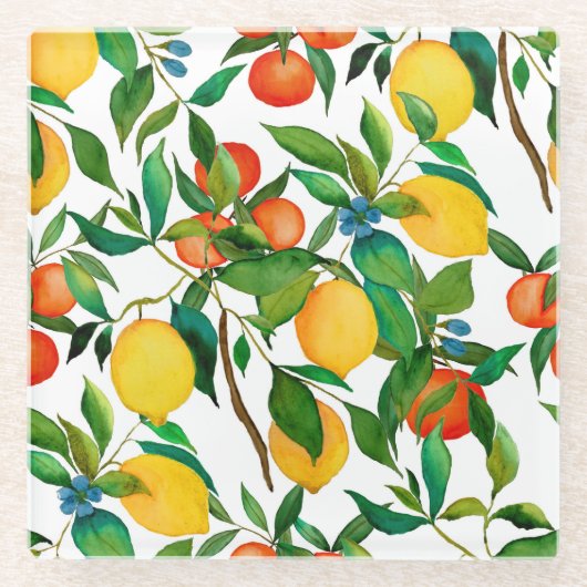 Zitrusfrüchte, lebendiges Aquarellmuster. Glasuntersetzer (Vorderseite)