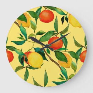 Zitrusfrüchte, lebendiges Aquarellmuster. Große Wanduhr