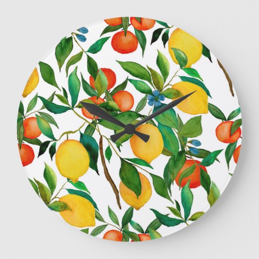 Zitrusfrüchte, lebendiges Aquarellmuster. Große Wanduhr (Vorderseite)