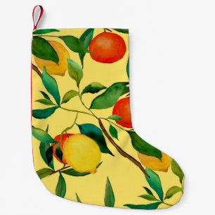 Zitrusfrüchte, lebendiges Aquarellmuster. Kleiner Weihnachtsstrumpf