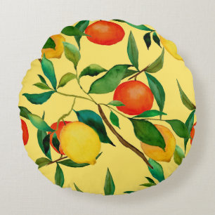 Zitrusfrüchte, lebendiges Aquarellmuster. Rundes Kissen