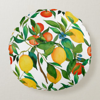Zitrusfrüchte, lebendiges Aquarellmuster. Rundes Kissen