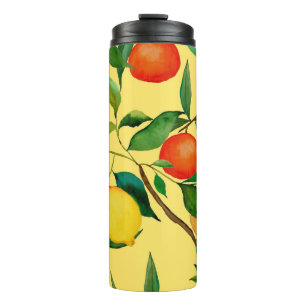 Zitrusfrüchte, lebendiges Aquarellmuster. Thermosbecher
