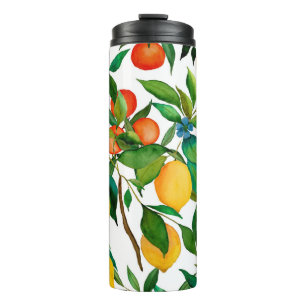 Zitrusfrüchte, lebendiges Aquarellmuster. Thermosbecher