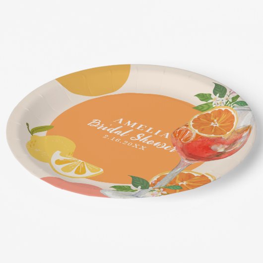 Zitrusfrüchte-Liebe im ersten Spritz-Brautparty Pappteller (Schrägansicht)