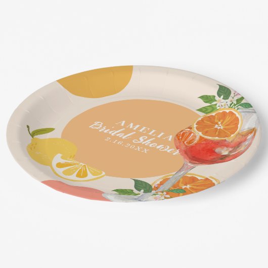 Zitrusfrüchte-Liebe im ersten Spritz-Brautparty Pappteller (Schrägansicht)