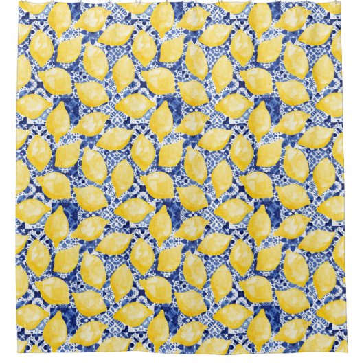 Zitrusfrüchte Mittelmeer Blauer Ton Duschvorhang (Vorderseite)