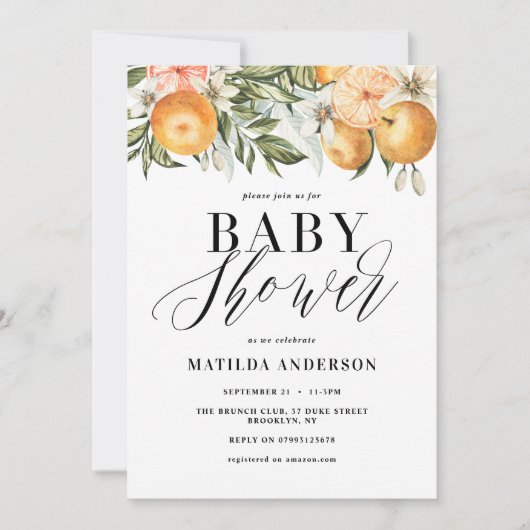 Zitrusfrüchte, Orange + Blüte Babydusche (Vorderseite)