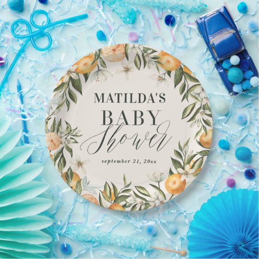 Zitrusfrüchte, Orange + Blüte Babydusche Party Dek Pappteller (Party)