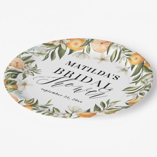 Zitrusfrüchte, Orange + Blüten Brautparty Party De Pappteller (Schrägansicht)