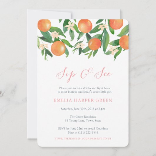 Zitrusfrüchte Orangen Sip and See Party, Baby Girl Einladung (Vorderseite)