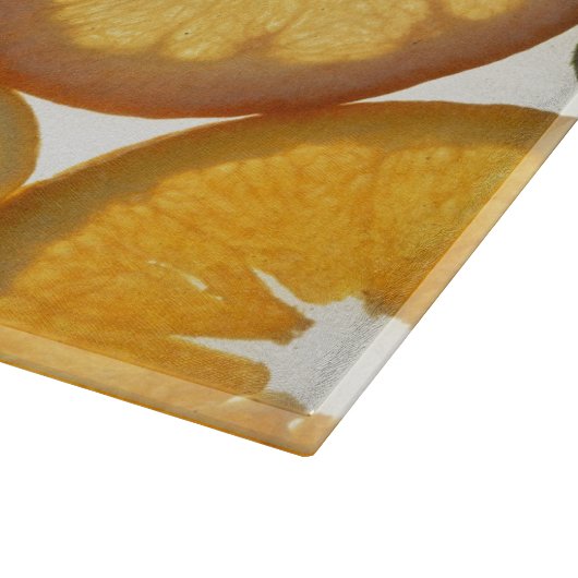 Zitrusfrüchte Scheiben orange-gelb Schneidebrett (Ecke)