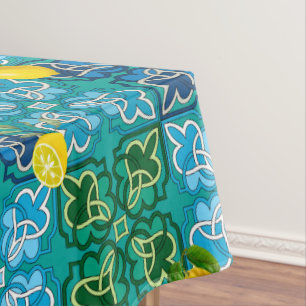 Zitrusfrüchte, Zitronen, grüne, blaue Kacheln, S Tischdecke