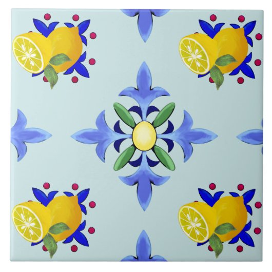 Zitrusfrüchte, Zitronen, Majolika  Fliese (Vorderseite)