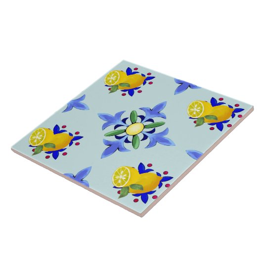Zitrusfrüchte, Zitronen, Majolika Fliese (Seite)