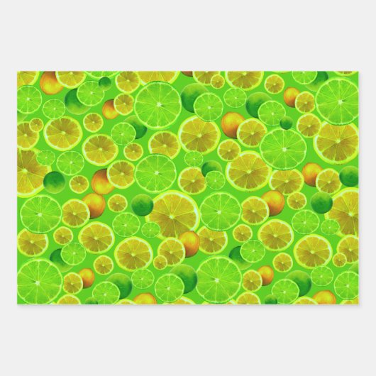 Zitrusfrüchte, Zitronen und Limone Gemusterte Geschenkpapier Set (Vorderseite)