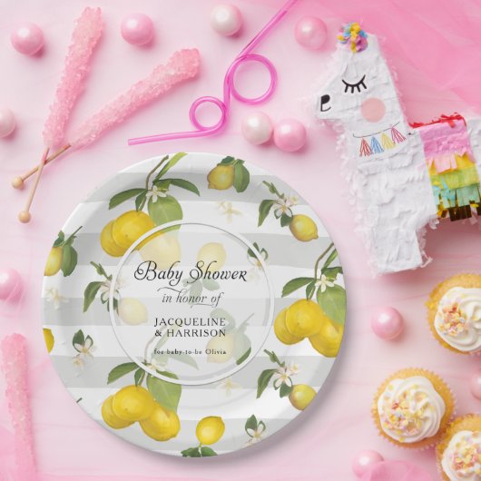 Zitrusfrüchte Zitrusfrüchte Weiß und grauer Streif Pappteller (Party)