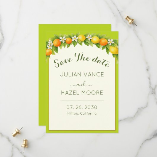 Zitrusgarten Orange & Lemon Hochzeit Save The Date (Vorderseite/Rückseite Beispiel)