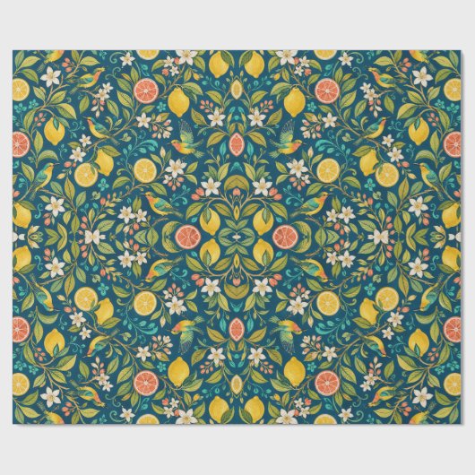 Zitrusgarten Vögel und Blüten Geschenkpapier (Flach)