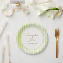 Zitrusgrün gestreifte Retro-Hochzeitspapierteller Pappteller