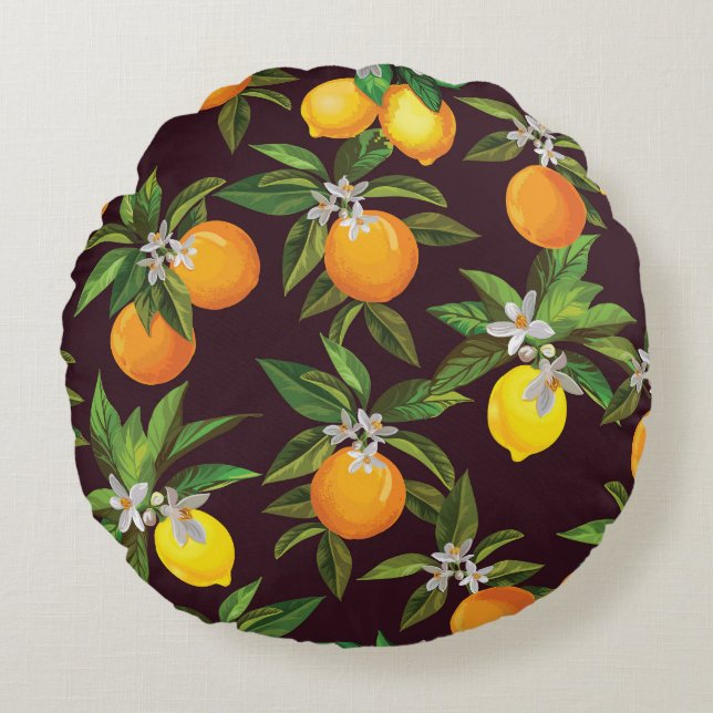 Zitrusmuster, Vintage Zitronenfrüchte. Rundes Kissen (Vorderseite)