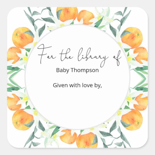 Zitrusorangen - Baby-Dusche Buchzeichen Quadratischer Aufkleber (Vorderseite)