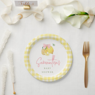 Zitrusrosa Bogen gelb Gingham-Papierteller Pappteller