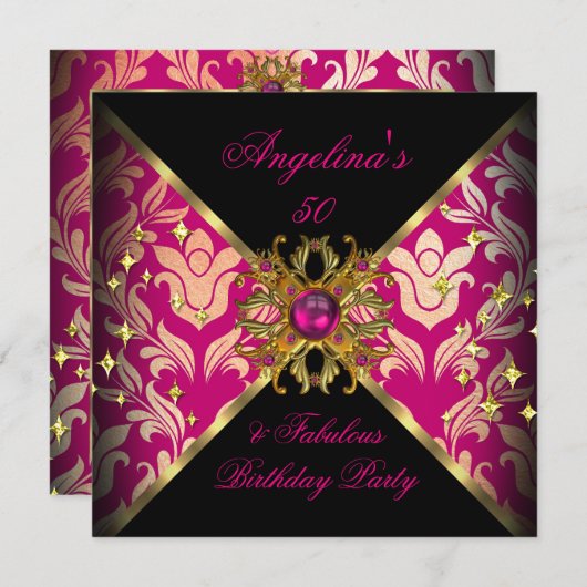 ZIZAGO DESIGN Fabulous 50 Pink Gold Damask Party Einladung (Vorne/Hinten)