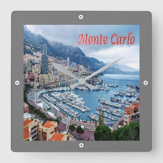 zMC018 MONTE CARLO Panorama, Monaco, Quadratische Wanduhr (Vorderseite)