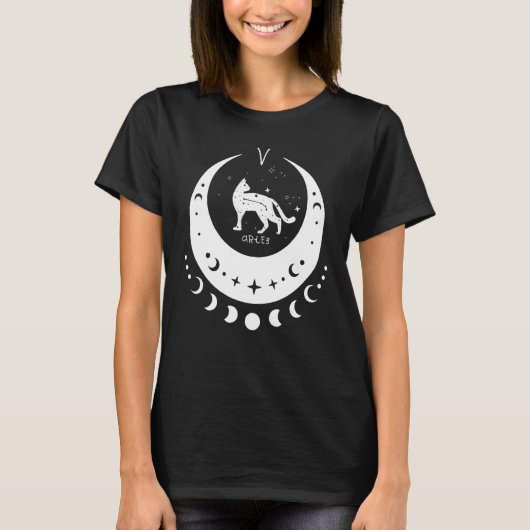 Zodiac Aries Horoscope Astrology Cat Crescent Moon T-Shirt (Vorderseite)