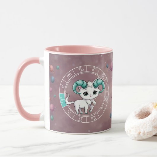 Zodiac Aries Niedliche Katzenradbahn Astrologie Tasse (Mit Donut)
