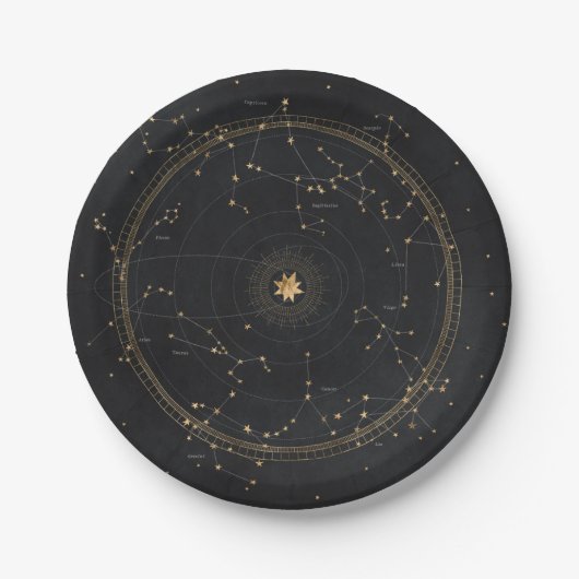 Zodiac Astrologie Sternenkarte Schwarzes Gold Pappteller (Vorderseite)