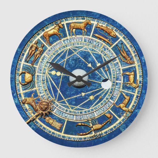 Zodiac Blue and Gold Old World Celestial Astrology Große Wanduhr (Vorderseite)