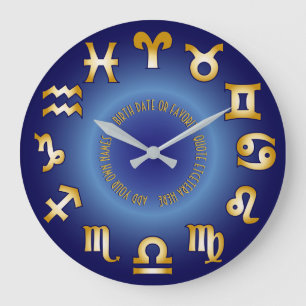 Zodiac Blue Gold Monogram Add your own Text Date Große Wanduhr