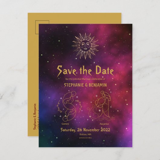 Zodiac Burgundy Gemini Aquarius Gold Save the Date Ankündigungspostkarte (Vorne/Hinten)