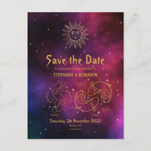 Zodiac Burgundy Gemini Pisces Gold Save the Date Ankündigungspostkarte (Vorderseite)