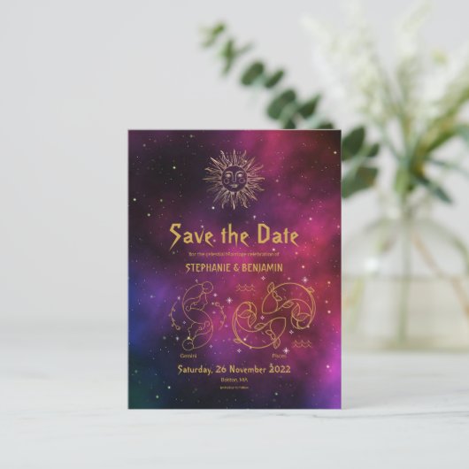 Zodiac Burgundy Gemini Pisces Gold Save the Date Ankündigungspostkarte (Stehend Vorderseite)